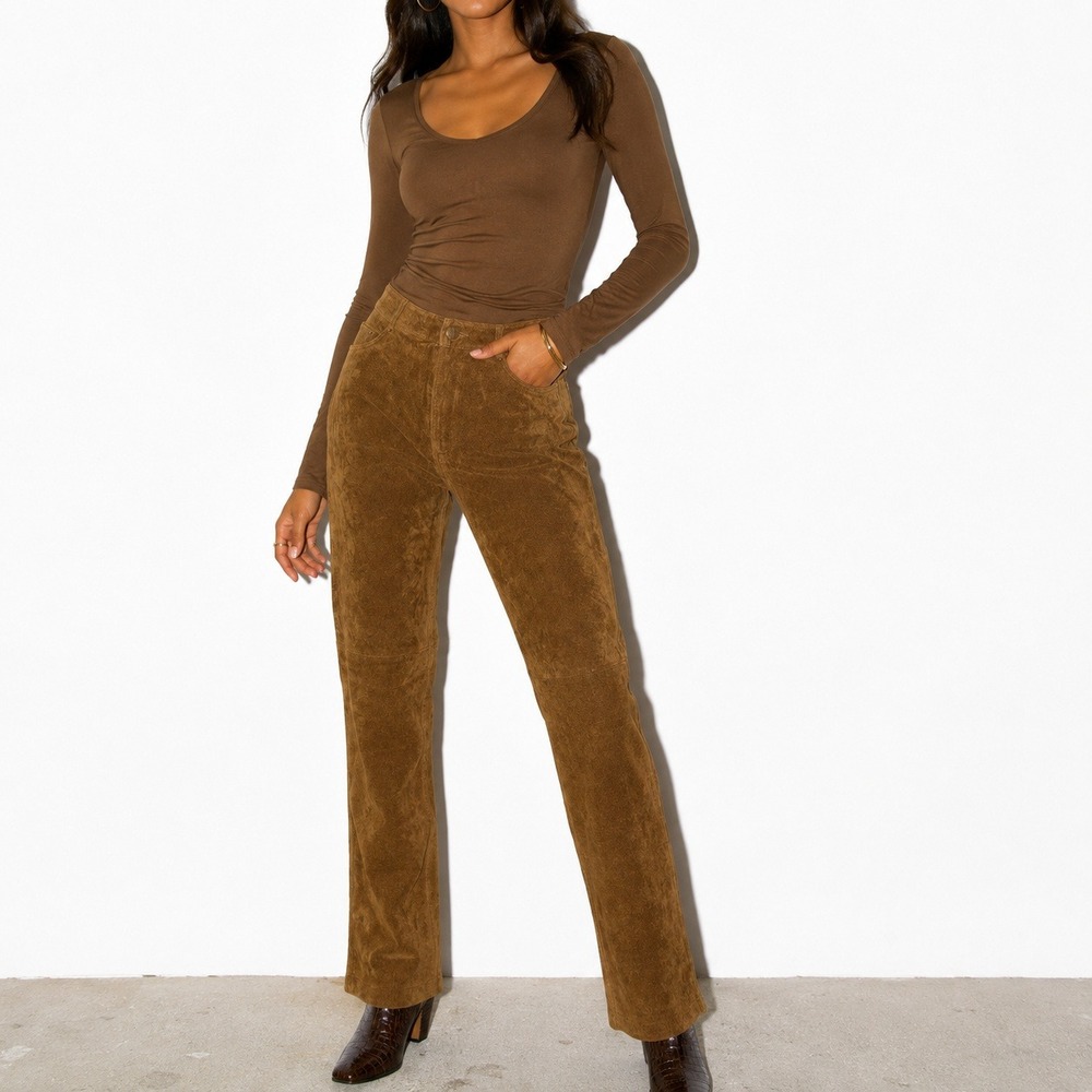 90s Vintage Light Brown Leather Pants Womens 8 Bagatelle High Waist Straight Leg